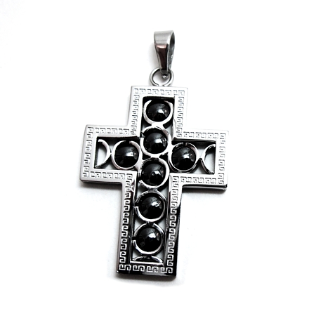 Stainless Steel Cross with Hematite Beads and Greek Key Border - Click Image to Close